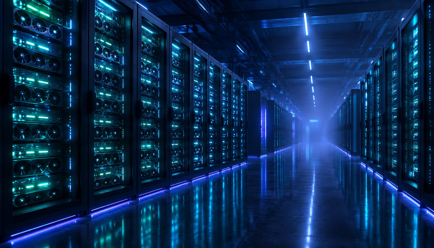 Rows of GPU server racks glowing with teal and blue light inside a modern AI data center